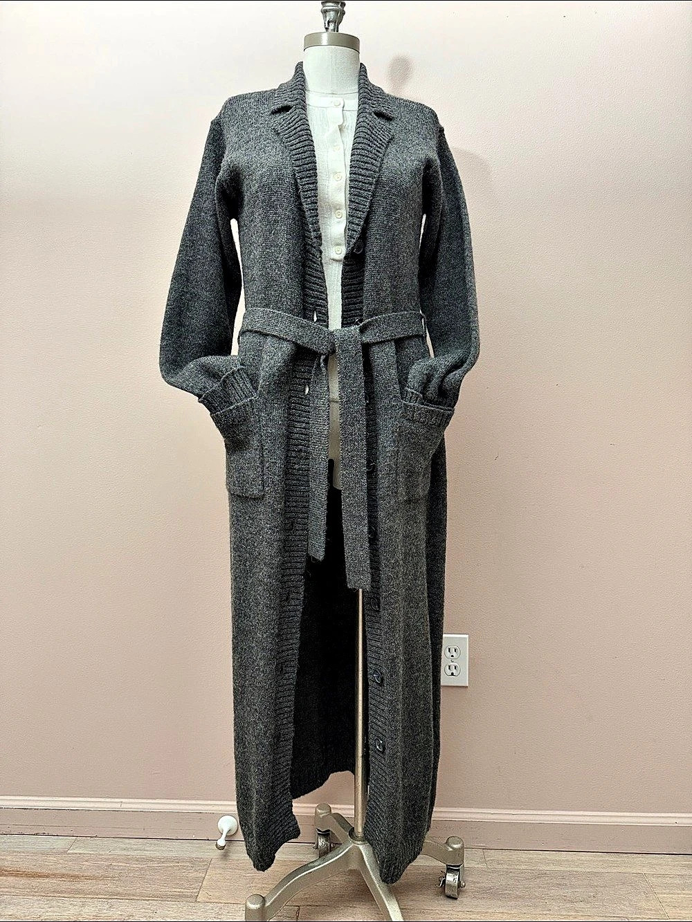 Tommy Hilfiger Long Knit Belted Cardigan Gray Medium Alpaca Wool Blend duster